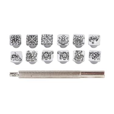 Imagem de Sonew Kit de Ferramenta de Punção de Estampagem de Liga de Zinco Resistente Com o Design de Flores da Dinastia Tang para Criação de Couro Vegetal DIY - Inclui 12pcs Stamper & 1pc Handle for Precise