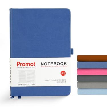 Imagem de Promot Caderno pautado – Caderno de escrita premium A5, 192 páginas, médio 14 x 21 cm, papel grosso de 100 g/m², couro PU, laço para caneta, bolso interno, faixa elástica – caderno de capa dura azul