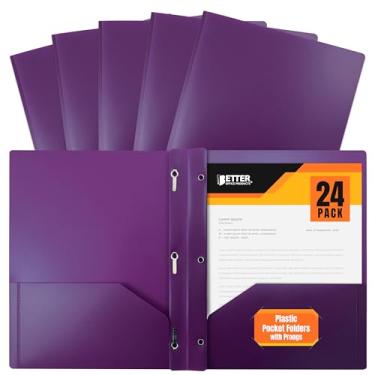 Imagem de Better Office Products Pastas de plástico roxo com 2 bolsos com pinos, pasta de poliéster de tamanho de letra, 24 unidades, com 3 clipes de metal para prendedor de pinos, roxo