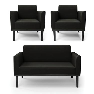 Imagem de Sofá Namoradeira Com 2 Poltronas Base De Madeira Fixa Preto Marisa Suede Preto D03 - D'Rossi