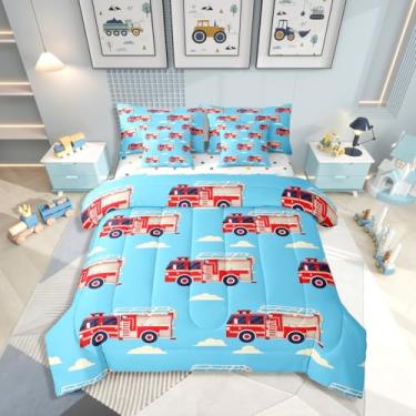 Imagem de Erosebridal Conjunto de cama solteiro com desenho animado de caminhão de bombeiros, carro de bombeiros vermelhos em uma bolsa, céu azul nuvem branca para decoração de quarto de crianças, homens