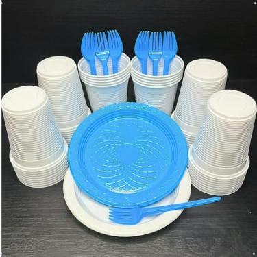 Imagem de Kit 300 Itens Festa Aniversário Descartáveis Plástico Colorido Perolado 100 Pessoas Completo Pratinho Garfinhos Copos (Branco Azul)