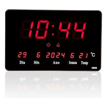 Imagem de Relógio Digital de Parede LED, Display Vermelho, Plástico Resistente, 25x16x3cm, com Calendário, Temperatura e Alarme, Bivolt