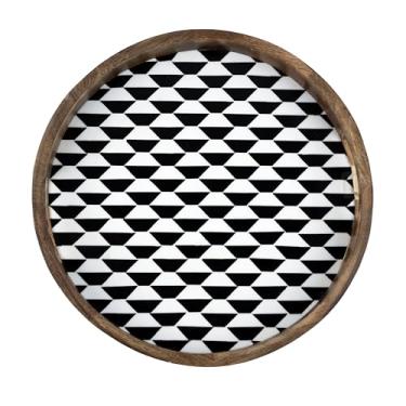Imagem de Lahumzco Bandeja de servir redonda de madeira – Padrão geométrico preto e branco de 30,5 x 30,5 cm com corte na alça – Bandeja decorativa feita à mão para mesa de café, cozinha, otomano, café da manhã