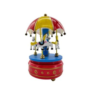 Imagem de Caixa de música Merry-Go-Round Carrossel vintage, caixa musical com mecanismo mecânico de 4 cavalos, carrossel de laxúria, caixa de música para presente de Natal, casamento, aniversário (amarelo)