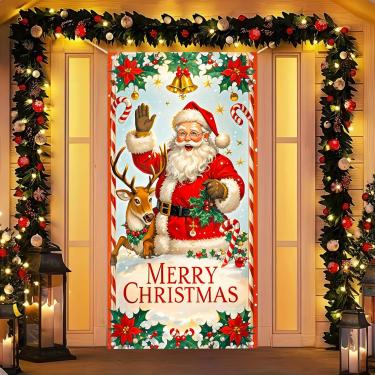 Imagem de BlissYard Capa de porta de Feliz Natal, faixa de 188 x 89 cm, faixa de feriado para porta da frente, decoração interna, cenário festivo com placa de Natal de rena de Papai Noel, decoração de casa de