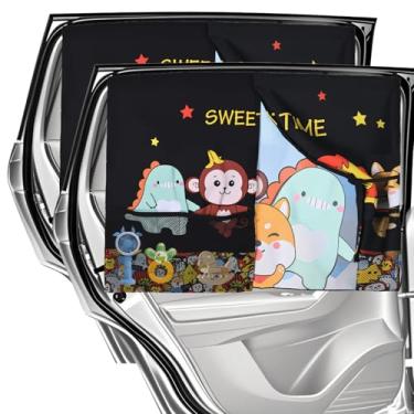 Imagem de EZTIME Persianas de janela de carro para bebê, protetor solar magnético de dupla camada de desenho animado com bolsos de armazenamento, blackout ajustável/transparente padrão de desenho animado