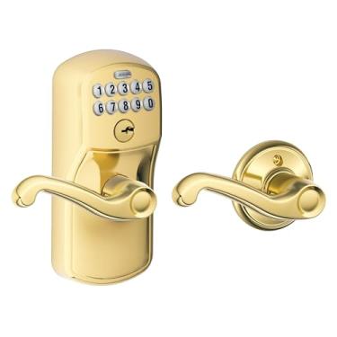 Imagem de Schlage FE575 PLY 505 FLA Plymouth Teclado Entrada com Auto-Lock e Alavancas Flair, Latão Brilhante