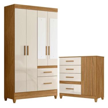 Imagem de Guarda Roupa Solteiro Madri Com Espelho E Cômoda Vênus Com Pés Freijó Off White - Moval