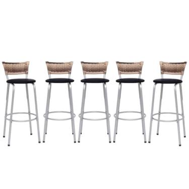 Imagem de Banqueta Altas Junco Cappuccino Estrutura Prata 70cm Para Balcão Cozinha, Bar, Bistrô, Americano Kit 05 Unidades - Itagold (Preto)