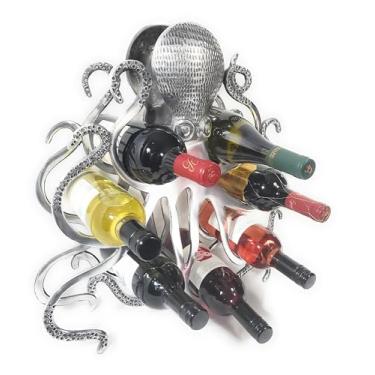 Imagem de Suporte para garrafa de vinho - Mesa - Polvo prateado - Decoração de casa de escultura - Forjado feito à mão - Alumínio - Suporte para 7 garrafas de vinho