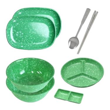 Imagem de Conjunto de pratos retrô coreano Tteokbokki, 6 peças de melamina, colher, pauzinhos, 2 tigelas de ramen, 2 pratos quadrados, 3 pratos de compartimentos, prato de molho