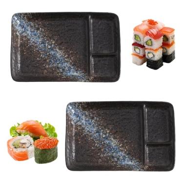 Imagem de Pratos de sushi divididos de cerâmica criativa – Conjunto de 20 cm para lanche e molho de 2, bandeja de bolinho de massa de 3 seções para sushi, sashimi, molho de churrasco, aperitivos, louça elegante