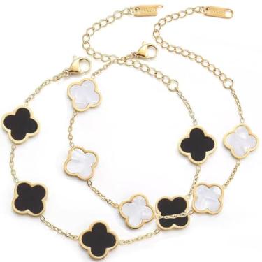 Imagem de Pulseira feminina de trevo de quatro folhas da sorte empilhável para mulheres – Joias delicadas banhadas a ouro 18K, pulseira ajustável em camadas, presente diário para ela, aniversário, dia dos