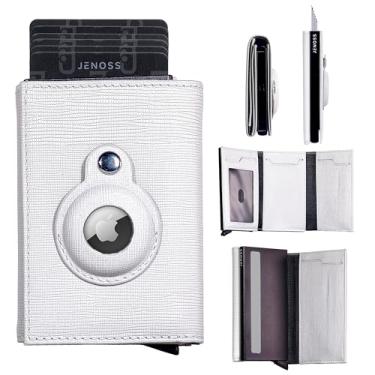 Imagem de Jenoss Smart AirTag Carteira para homens e mulheres: couro de flor integral, feito à mão, capa pop-up, fina, bloqueio RFID, suporte para cartão de crédito, Apple Air Tag Tracker minimalista 9-12 slot