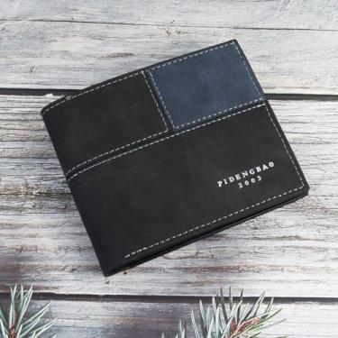 Imagem de Carteira masculina moderna, carteira dobrável fina portátil com design de bloqueio de cor, bolsa masculina prática com 2 compartimentos para dinheiro e 1 bolso com zíper para uso diário, Preto