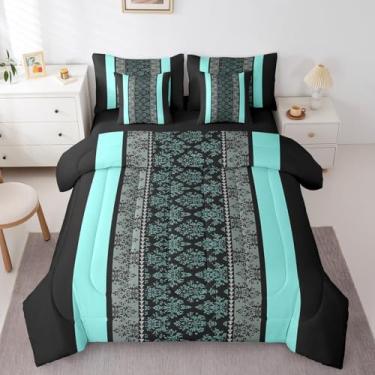 Imagem de jejeloiu Conjunto de cama adulto clássico jacquard 7 peças King Size Damasco com lençol para meninos e meninas, preto azul-petróleo listrado, conjunto de cama barroco