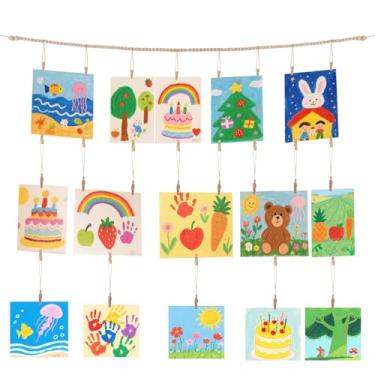 Imagem de Ethanberg Decoração de parede para exibição de arte infantil, porta-retratos de colagem de guirlanda de madeira boho de 1,5 m com 34 clipes, 3 ganchos e 6 âncoras de plástico para quarto, decoração de
