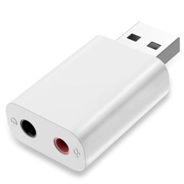 Imagem de Adaptador de áudio USB – placa de som externa com conector de fone de ouvido e microfone de 3,5 mm para Windows, Mac, Linux, PC, PS4, laptops – Plug and Play, sem necessidade de drivers (branco)
