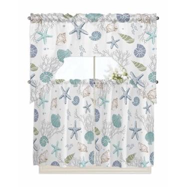 Imagem de Conjunto de 3 peças de cortina e saia de cozinha costeira, cortinas curtas com tema oceânico, 91 cm de comprimento, cobertura náutica da vida marinha, estrela-do-mar, conchas, coral, tratamento de