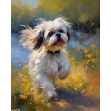 Imagem de WUIVCTR Kit Paint by Numbers Pintura digital Shih Tzu na grama DIY pintura a óleo tela de desenho com pincéis decorações presentes 40 x 50 cm