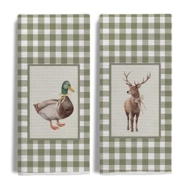 Imagem de Evcprz Farmhouse Mallard Toalhas de cozinha de pato e veado, presentes para amantes de veados de pato para cozinha, toalhas de mão decorativas xadrez rústicas de vida selvagem para banheiro, 40 x 61