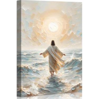 Imagem de Arte de parede Jesus andando na água, arte de parede em tela de Jesus cristão emoldurada grande arte cristã decoração de parede pintura de Jesus para quarto, sala de estar, escritório, 30 x 45 cm