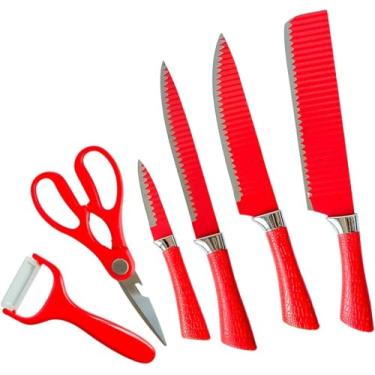 Imagem de Conjunto de Facas Premium, 6 Peças em Aço Inox com Cabo Vermelho Ergonômico, Inclui Faca do Chef 17,8cm, Trinchar 20cm, Cutelo, Descascador, Tesoura