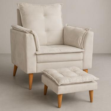 Imagem de Poltrona Amamentação Conforto Com Mini Puff Veludo Premium Bege