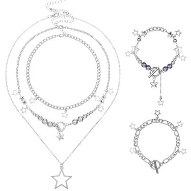 Imagem de ElevateTech Colar de estrela de prata para mulheres y2k acessórios de aço inoxidável joias de prata punk com 2 pulseiras empilháveis pingente de estrela grossa presentes de Natal Halloween