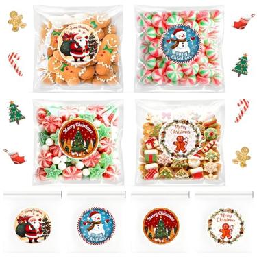 Imagem de Eaasty Pacote com 200 sacos autoadesivos de celofane de Natal com adesivos, sacos de plástico para biscoitos de presente de Natal a granel para presentear doces e lanches