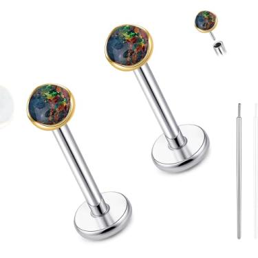 Imagem de limerencia Brincos de nariz de opala de titânio hipoalergênico 20G, 2 peças de brincos de pressão com costas planas Labret Medusa Monroe Helix cartilagem tragus concha piercing joias para mulheres e