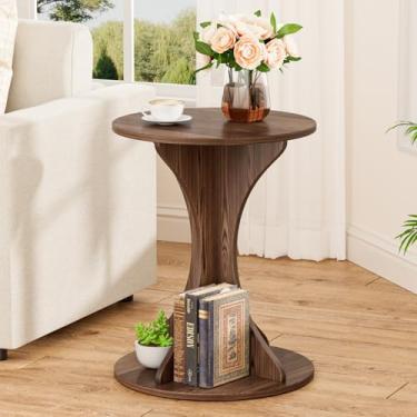 Imagem de Mesa de canto lateral redonda pequena – mesa de centro com detalhes de madeira para sala de estar, mesa de cabeceira circular moderna com pedestal para pequenos espaços, sofá de quarto, mesa de