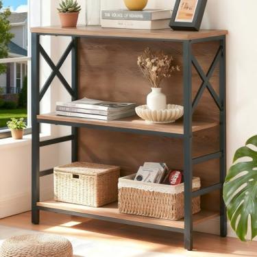 Imagem de MNEETRUNG Estante de livros pequena, estante industrial de 3 camadas com moldura de metal e encosto, prateleira de livros marrom rústica baixa, capa para pequenos espaços, sala de estar, quarto e