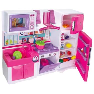 Imagem de Cozinha Infantil Completa com Fogão, Geladeira, Pia, Micro-ondas e Acessórios, Rosa com Branca, Plástico, 64x18x83cm, a partir de 3 Anos