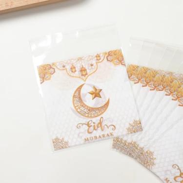 Imagem de 50 unidades de sacos pequenos de biscoito Eid Mubarak, sacos de presente de lua de ouro branco Ramadan Kareem, embalagens de doces individuais autoadesivas, bolsas translúcidas DIY para decorações de