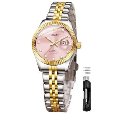 Imagem de OLEVS Relógio feminino clássico número de vestido feminino para mulheres, analógico, quartzo, aço inoxidável, à prova d'água, 3705: pulseira prata e pulseira dourada e mostrador rosa, Tendência