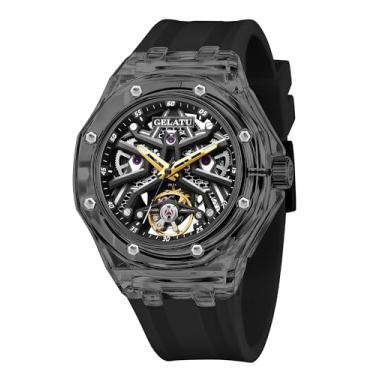 Imagem de OLEVS Relógios automáticos masculinos esqueleto, corda automática, relógio Wirst, vestido luxuoso, caixa transparente, pulseira de silicone luminosa, relógio turbilhão mecânico, 8002 - Preto