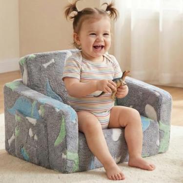 Imagem de SUFUS Sofá-cama dobrável 2 em 1 para sala de jogos para crianças com bolsos laterais, dinossauro