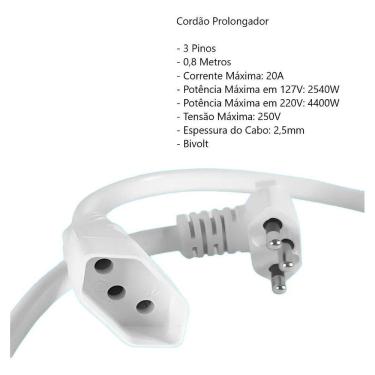 Imagem de Extensão Elétrica Cordão Prolongador 2P+T 20A 80Cm Megatron