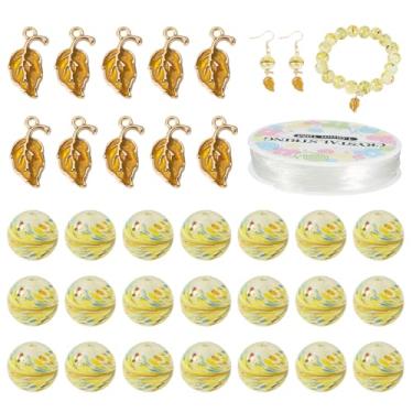 Imagem de FASHEWELRY Kit de fabricação de pulseiras de contas de 12 mm feitas à mão com pingentes esmaltados de folha de outono, pingentes, cordão de cristal elástico, kits de contas redondas para colar faça