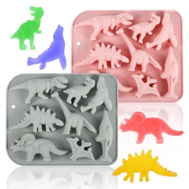 Imagem de 2 peças de molde de silicone de dinossauro, molde de gelatina de chocolate e doces, estêncil T-rex 3D de 8 cavidades, formato de estegossauro, sabonete, gelatina, cera, modelo, decoração para
