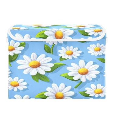 Imagem de CEBUGI Caixotes de armazenamento com tampas, caixa de armazenamento de tecido dobrável, margaridas brancas, organizadores de cubo para prateleiras de armário de casa e quarto, 40 x 30 x 30 cm