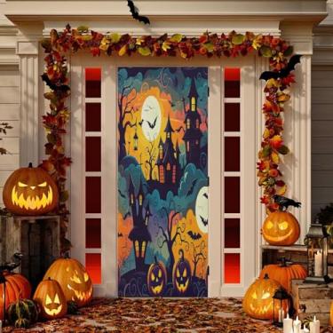 Imagem de Wassud Decoração de capa de porta de lua cheia para noite de dia das bruxas, faixa interna, decoração de varanda, casa grande, decoração de porta da frente 96 x 98 polegadas