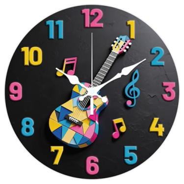 Imagem de CHGCRAFT Relógio de parede com padrão de mosaico colorido 3D de 30 cm, relógios sem tique-taque, guitarra, relógio redondo para pendurar na parede, operado por bateria para quarto, sala de estar