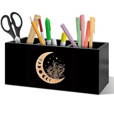 Imagem de ANIANG Porta-canetas de lua floral bruxa, organizador de mesa, decoração de quarto de bruxa, boho preto dourado celestial fase da lua crescente, porta-lápis de madeira para casa, escritório