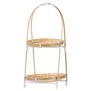 Imagem de Ioensy Cesta de frutas em bambu trançado, suporte para alimentos, bandeja portátil com alça, prato para uso em casa, café, sala de jantar, Dois Níveis
