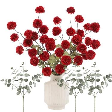 Imagem de DuHouse Flores falsas para vaso Kiku 8 hastes e 3 eucaliptos, hastes de flores falsas para buquês de casamento faça você mesmo, centro de mesa, decoração de cozinha