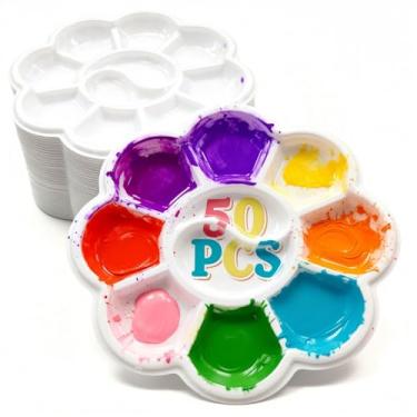 Imagem de 50 paletas de tinta, paletes de tinta de plástico de uso único, mini paletas de pintura em aquarela para pintura ou aula de artesanato DIY, branco 11,7 cm