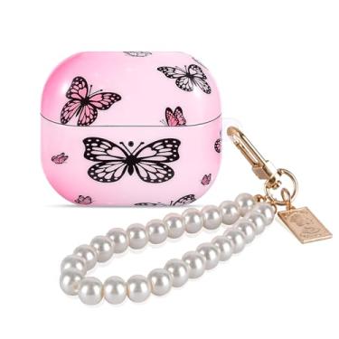 Imagem de CameCosy Capa protetora compatível com Samsung Galaxy Buds 3/3 Pro/3 FE com chaveiro de pulseira de pérola, capa de TPU com estampa de borboleta para mulheres e meninas, capa à prova de choque